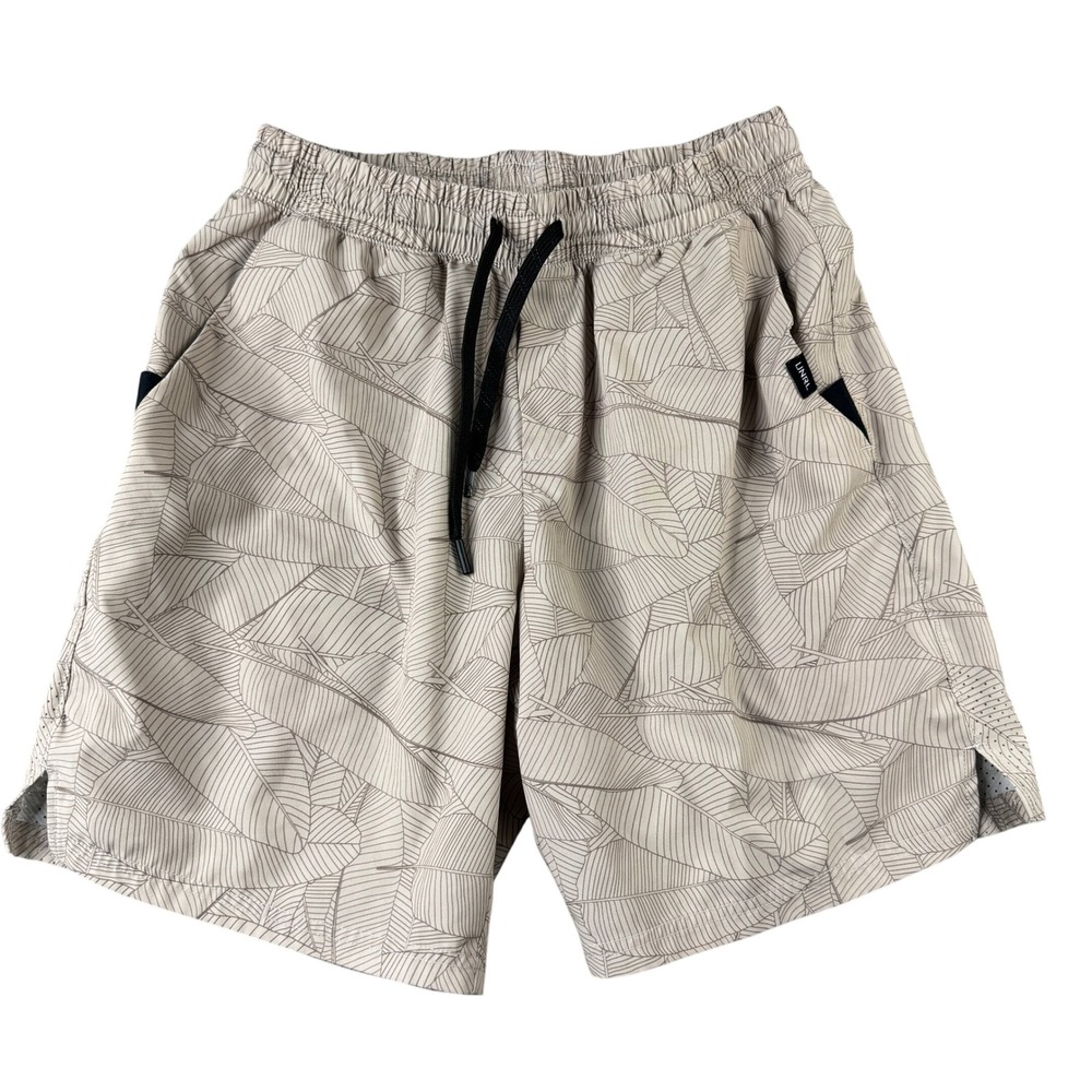 UNRL Mens Athletic Shorts Beige Tropical Leaf Print Stretch Gym Activewear